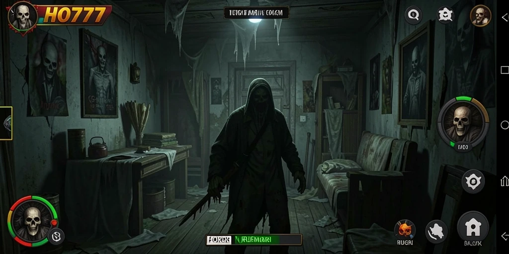 Screenshot menampilkan antarmuka penuh ketegangan di rumah angker.