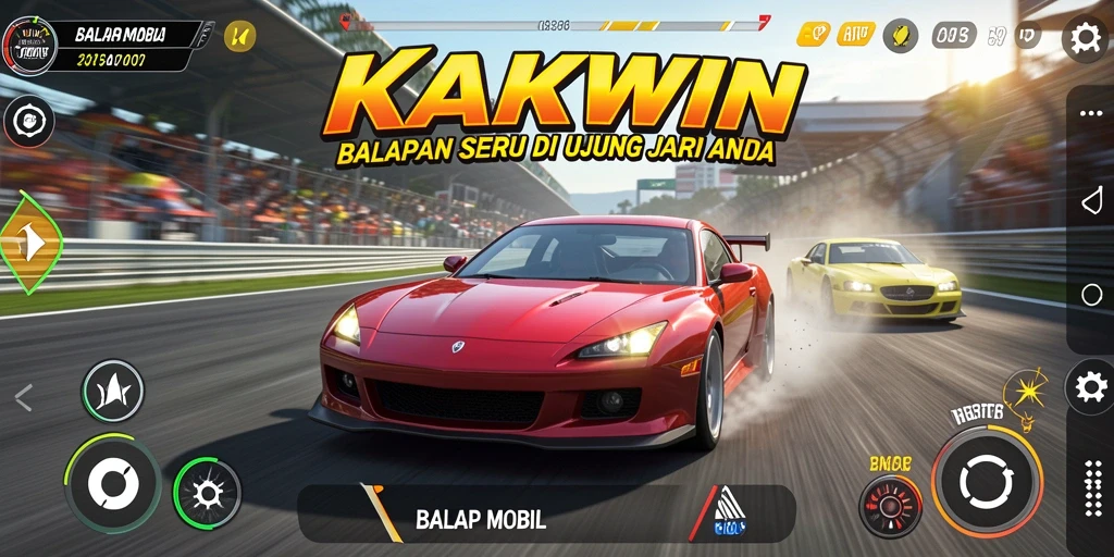 Tampilan antarmuka KAKWIN dengan grafis balapan yang menarik.