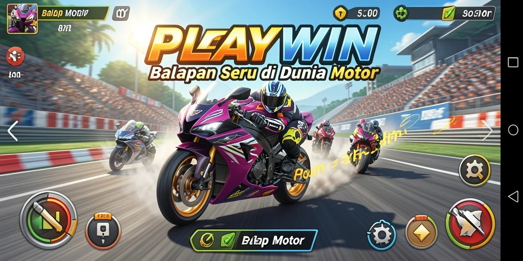 Screenshot utama PLAYWIN menunjukkan keseruan balapan motor yang mendebarkan.