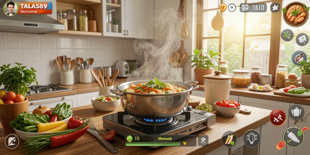 Tampilan antarmuka game TALAS89 menampilkan aktivitas memasak yang menarik.